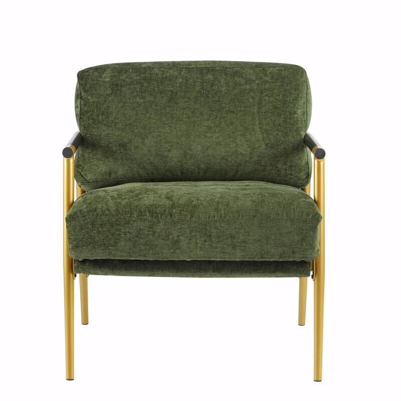 Minimalist Armchair - Soft Cushions, Wood/Metal Design, Compact - Green + Gold