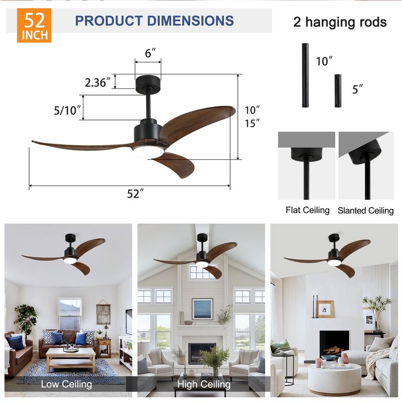 52 Inch Ceiling Fan with Dimmable LED Light, Solid Wood Blades, Quiet Reversible DC Motor, Remote, 6 Speeds, 3 Downrods
