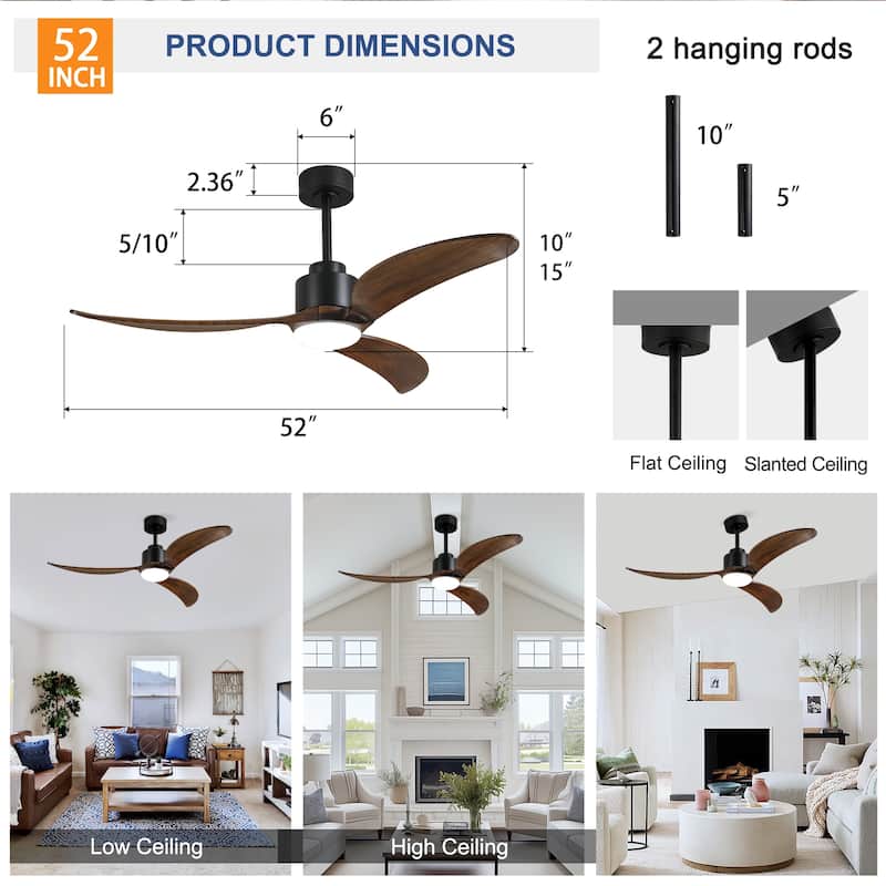 Small Wood Ceiling Fan without Light With Wall Switch and Remote Control