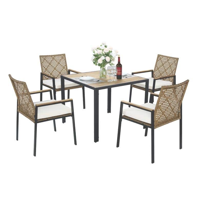 5-Piece All-Weather Outdoor Dining Set - Acacia Wood Table with Umbrella Hole & Rattan Chairs (Patio Conversation Group)‌ - Yellow