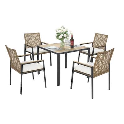 5-Piece All-Weather Outdoor Dining Set - Acacia Wood Table with Umbrella Hole & Rattan Chairs (Patio Conversation Group)‌
