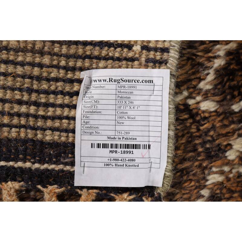 All-Over Brown Moroccan Area Rug Hand-Knotted Wool Carpet - 8'1" x 10'11"