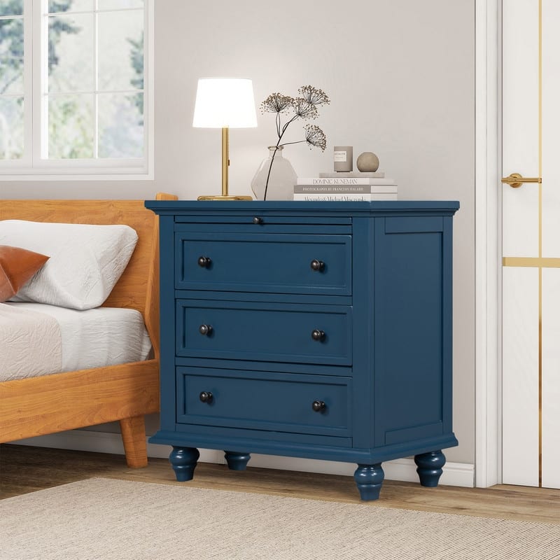 Farmhouse 3-Drawers Wood Nightstands with Pull Out Tray and Solid Wood Legs