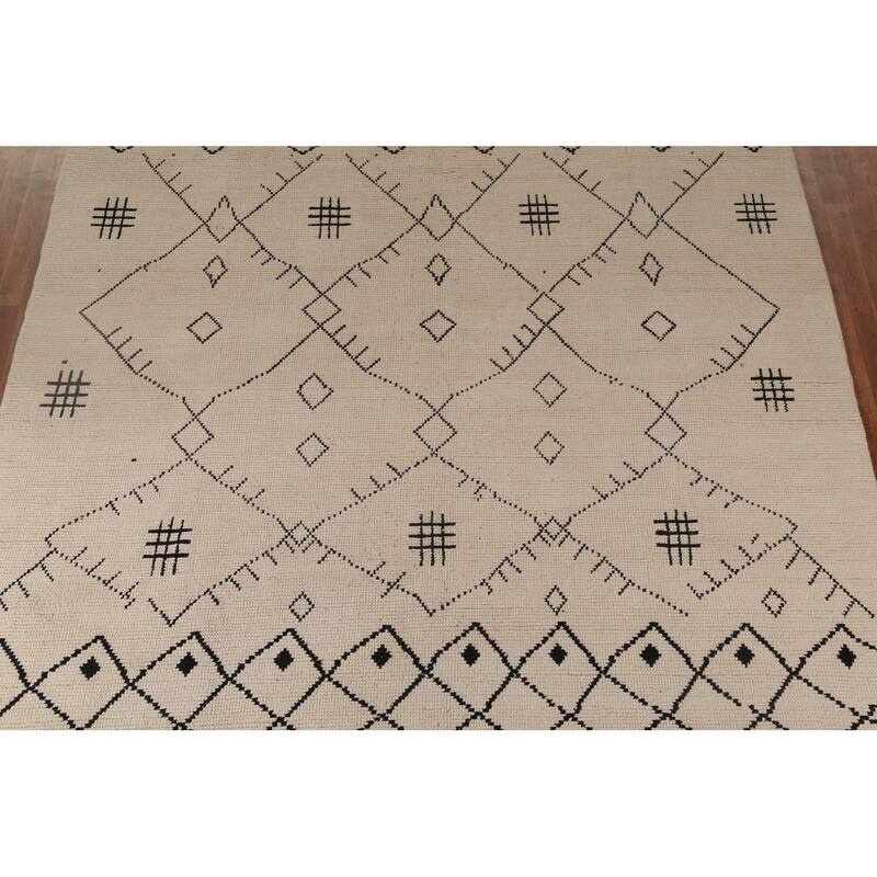 Moroccan Oriental Area Rug Hand-Knotted Beige Geometric Wool Carpet - 8'10"x 12'5"