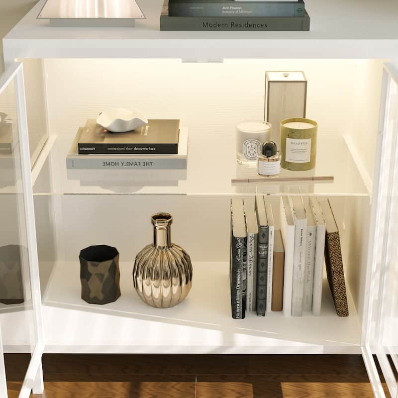 Black Metal & Glass Display Cabinet with LED Lights Accent Cabinet - 55.1"W