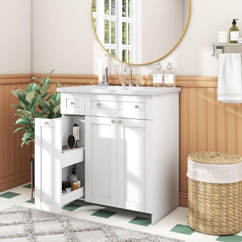 30" Bathroom Vanity with Single Sink, Bathroom Cabinet Set with Sink Combo, Wood Storage Bathroom Vanities with Undermount Sink - White
