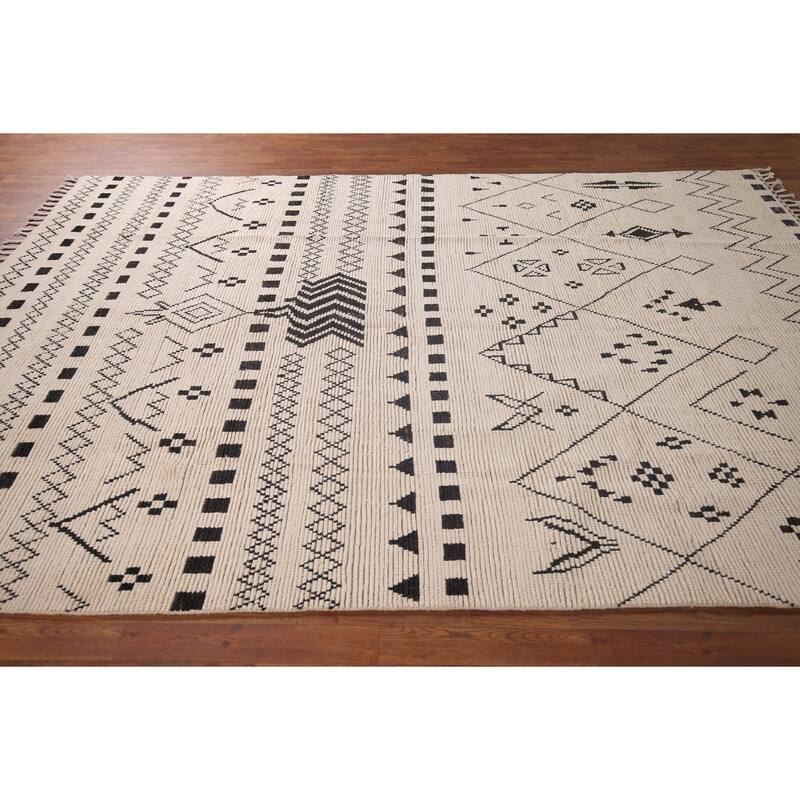 Trellis Geometric Ivory Moroccan Area Rug Hand-Knotted Wool Carpet - 7'7"x 10'9"