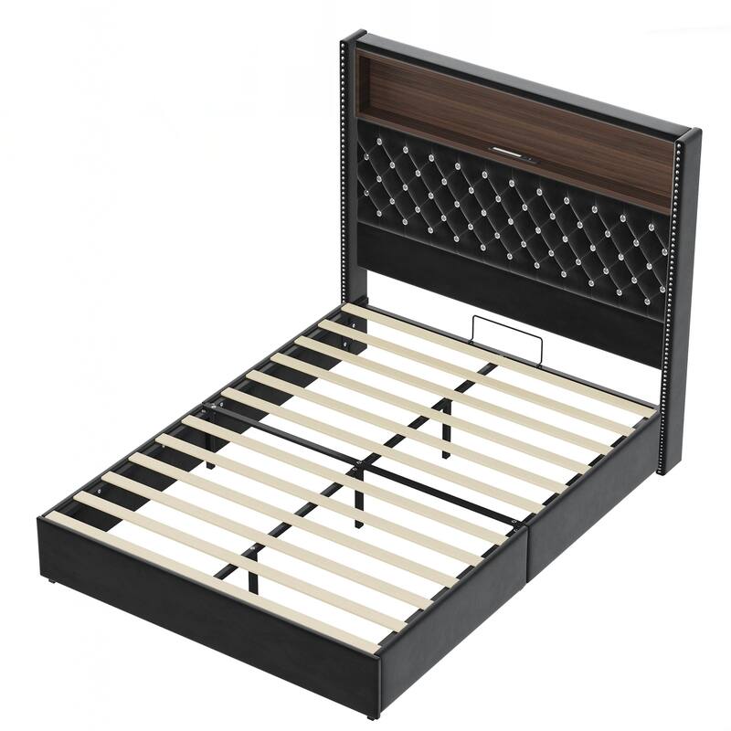 Full Size Tufted Soft Bed Frame with USB Port and Night Light