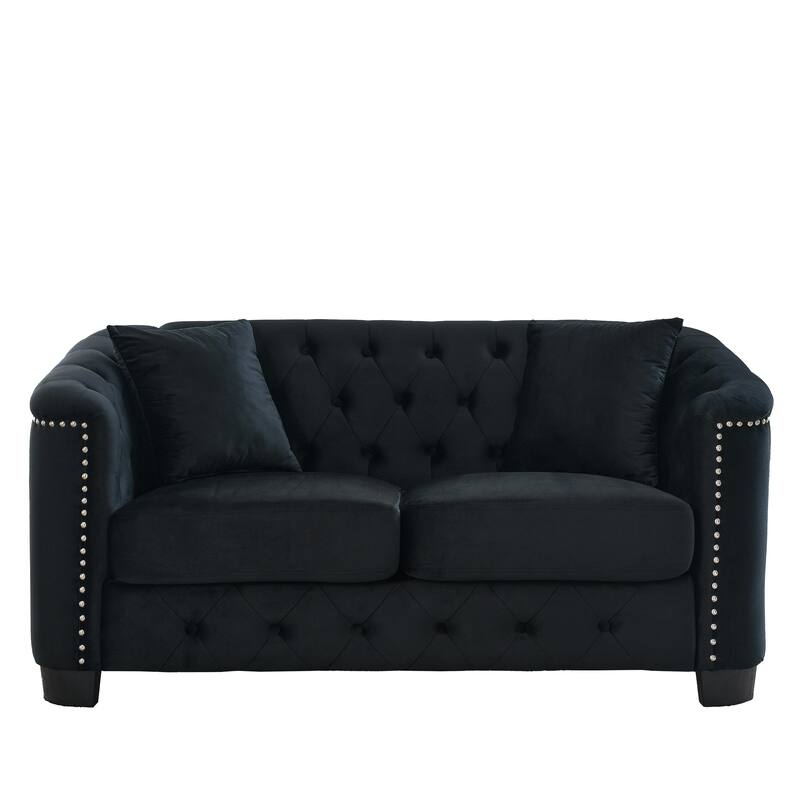 77'' Modern Velvet 3-Seater Sofa with Tufted Backrests, Nailhead Trim, and 2 Pillows