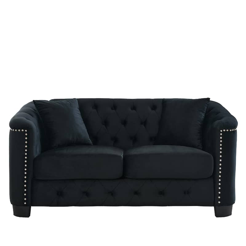 Black 59'' Modern Velvet 2-Seater Sofa with Tufted Backrests, Nailhead Trim, and 2 Pillows