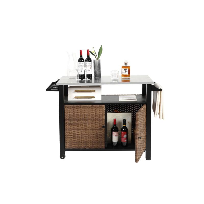 Outdoor Kitchen Wicker Island Rolling Cart & Storage Cabinet, Wheels and Stainless Steel Extended Table Top