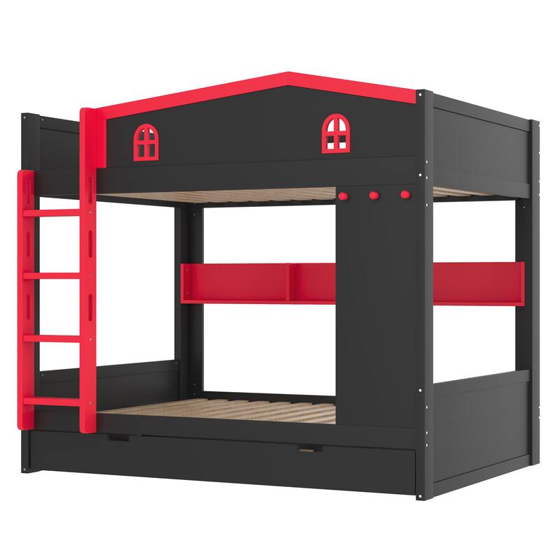 Queen over Queen Bunk Bed with Trundle and Storage Shelves, Solid Wood Bunk Beds with hooks, No Box Spring Needed