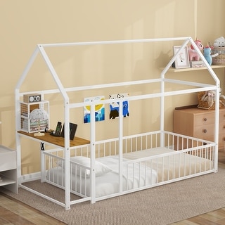 Twin Size Metal Bed House Bed Frame with Desk, Shelves, Power Outlets and USB Ports, White