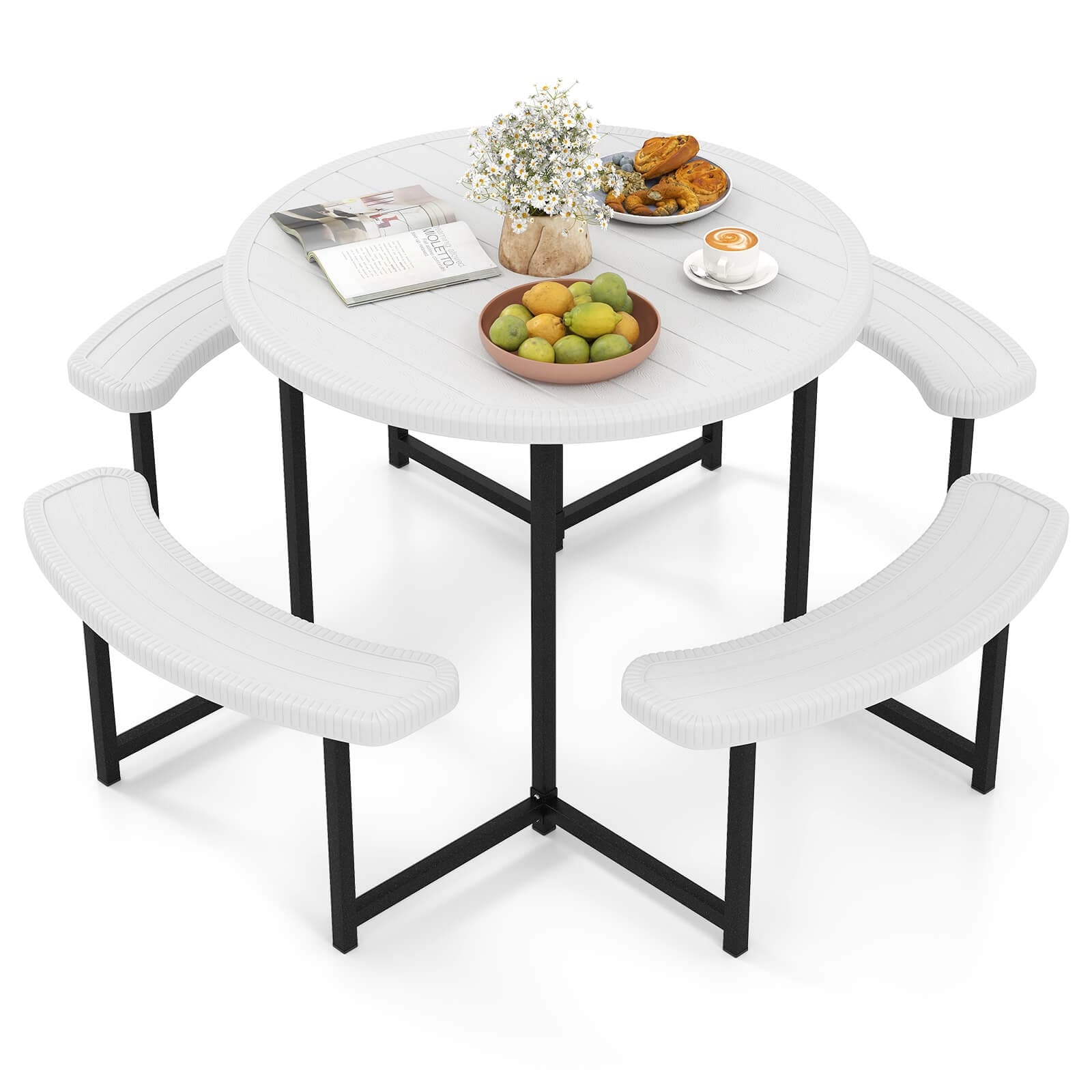 Costway Round Picnic Table Bench Set with 4 Benches Umbrella Hole All - See Details