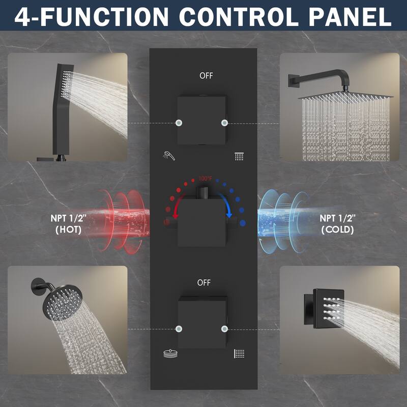Thermostatic Dual Shower System 12" and 6" Rainfall Shower Head with 6 Body Jets & Handheld Shower