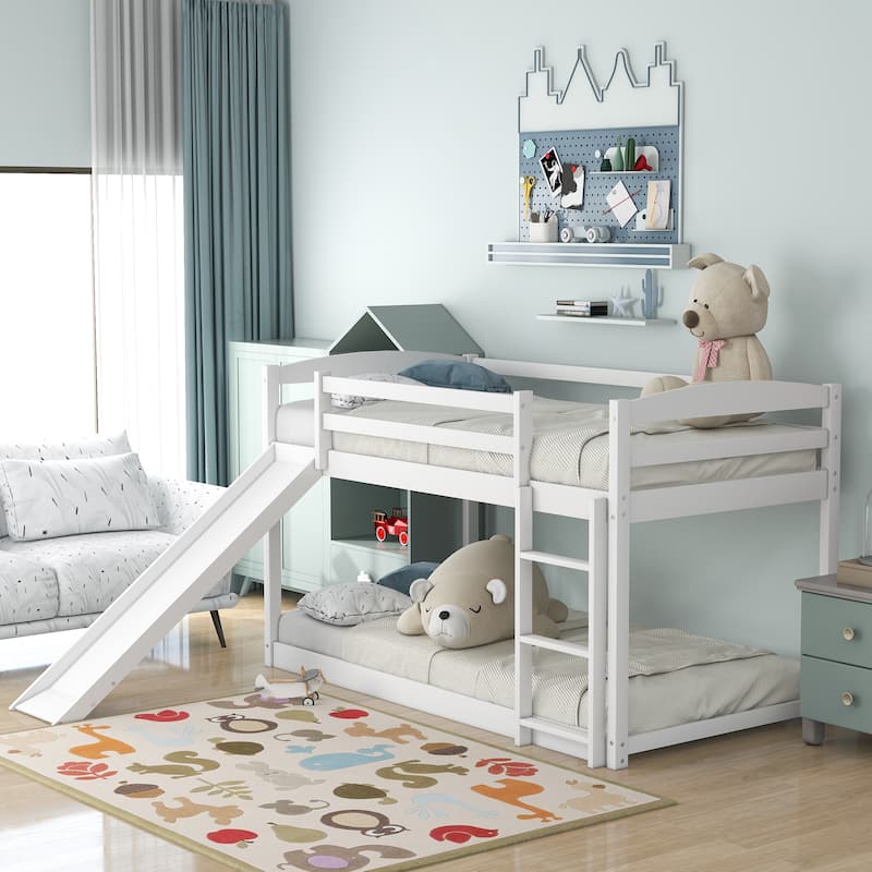 Convertible Twin Bunk Bed with Slide and Ladder in White