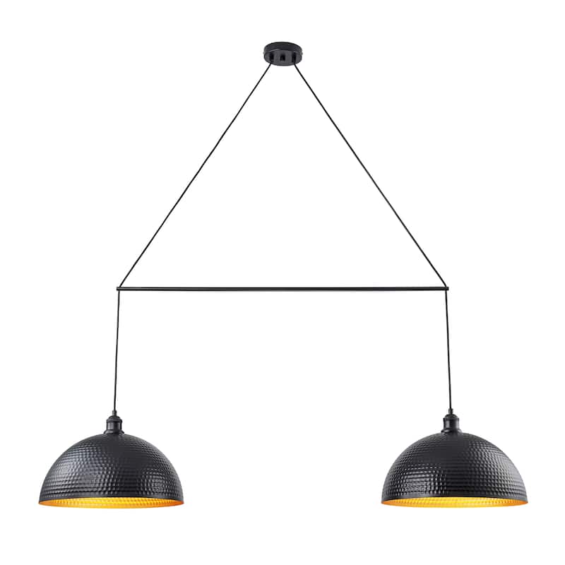 2-Light Modern Industrial Matte Black Linear Dome Hammered Large Pendant Light for Kitchen Island - 54.3 in. W x 11.4 in. H
