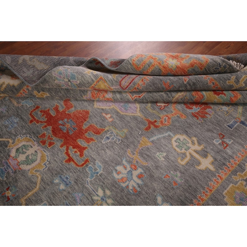 All-Over Gray Floral Oushak Indian Area Rug Hand-Knotted Wool Carpet - 7'10"x 9'8"