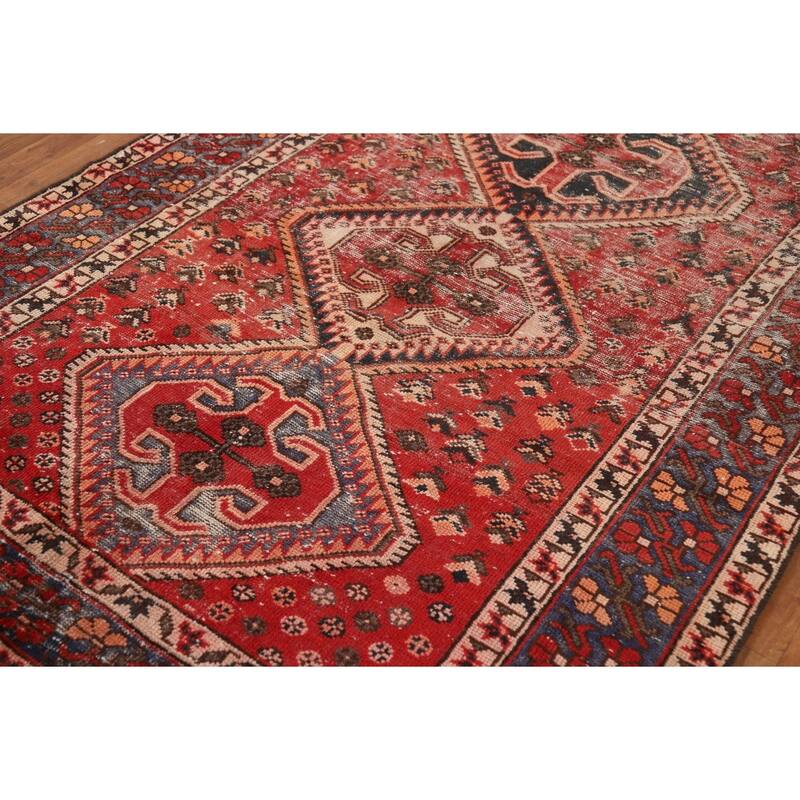 Distressed Bakhtiari Persian Vintage Rug Handmade Red Wool Carpet - 4'10"x 9'10"