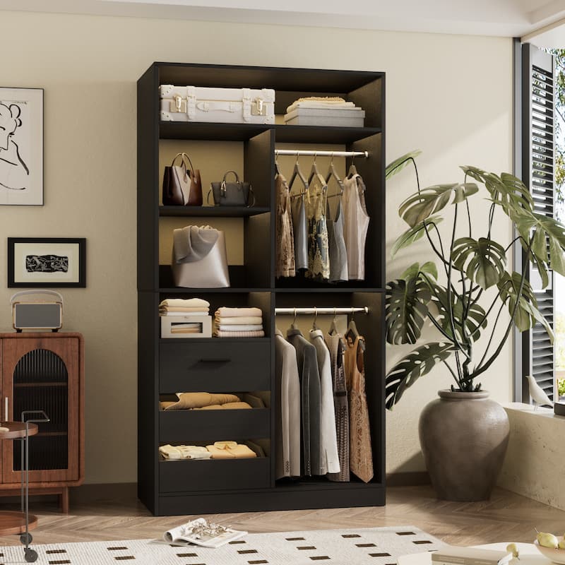 36" Freestanding Closet System With 3 Drawers and 2 Hanging Rods,Multi-Purpose Wardrobe Closet Rack