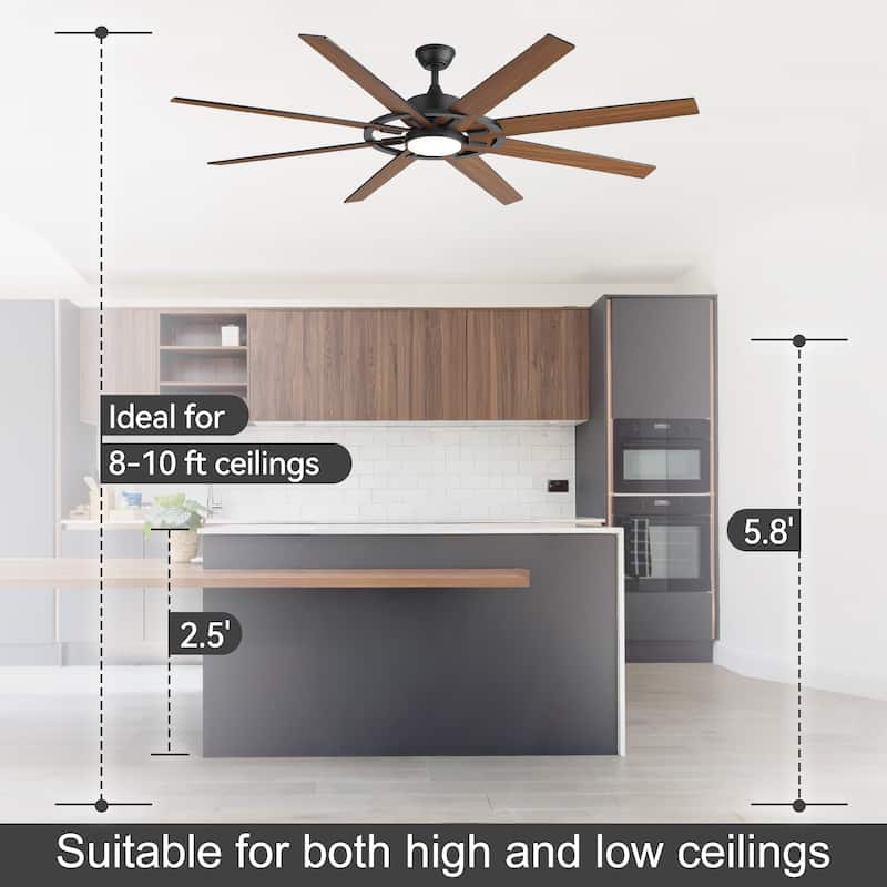 72" Large Ceiling Fan with 3CCT Dimmable LED Light and Remote(8 Reversible Blades）