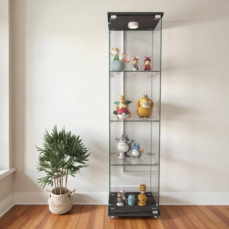 Glass Display Cabinet with Doors & Locks, Acrylic Shelves, Floor Standing Storage Showcase for Home or Office - 4Shelves-1Door - Black