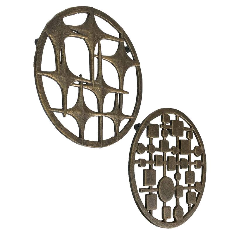 Set Of 2 Cast Iron Trivets Stars & Circles/Squares, Bronze, 8" Mcm - 0.5 X 8 X 8 inches