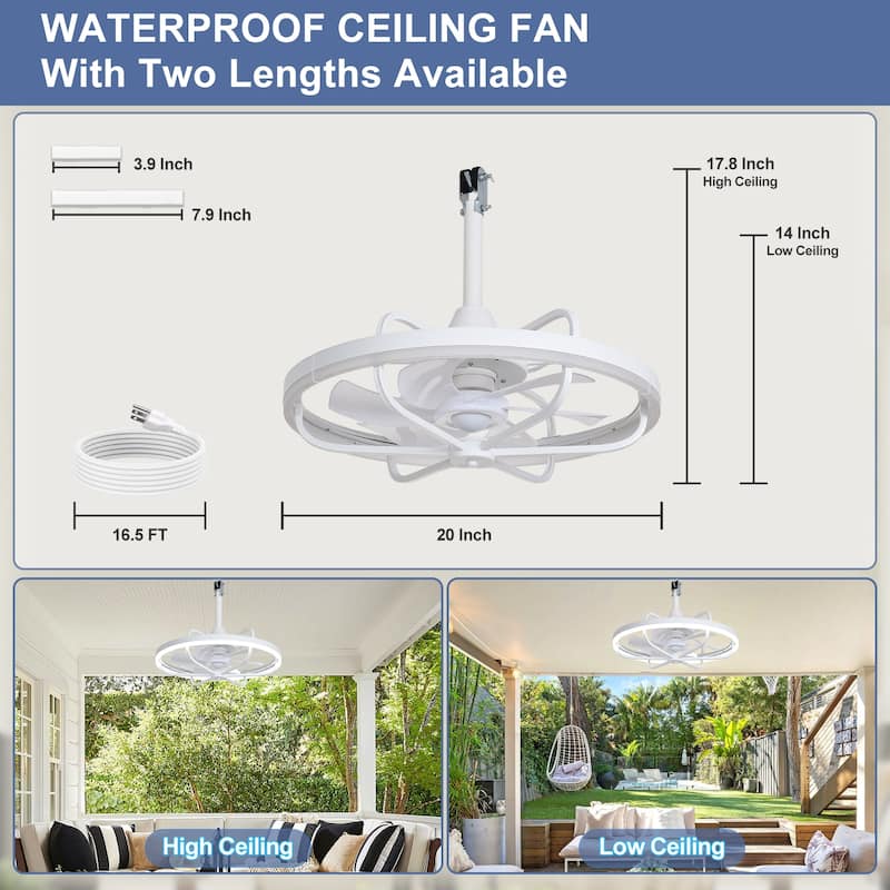 Waterproof Outdoor Ceiling Fan with Light - 20-Inch IP65 Plug-in, Remote App Control, 6-Speed Gazebo/Patio