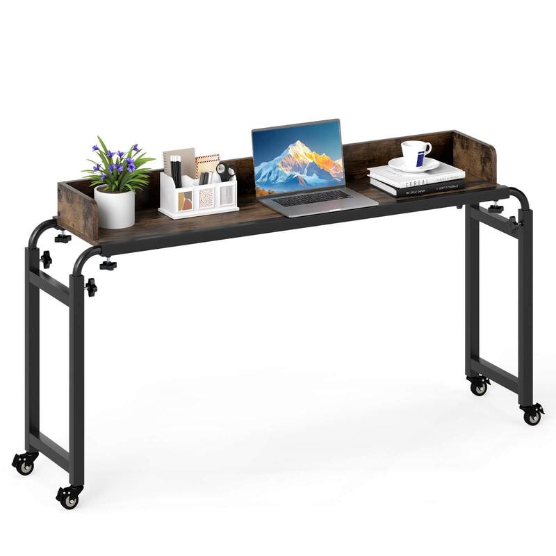 Costway Overbed Desk with Wheels with Adjustable Height & Length, - See Details - Rustic Brown & Black - See Details