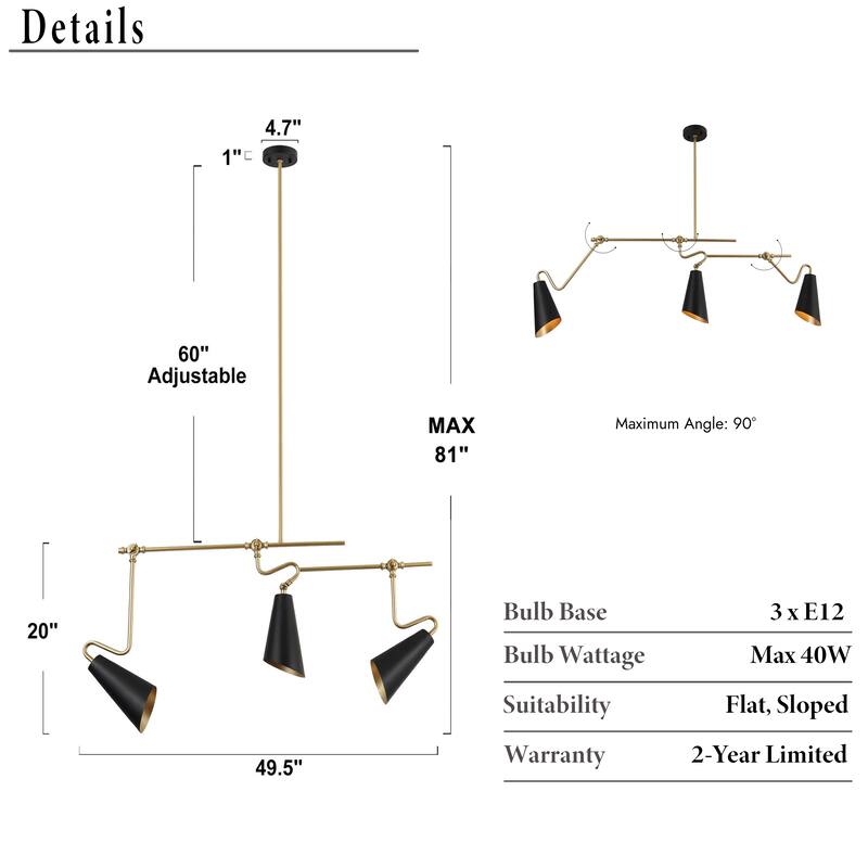 Modern 3-Light 49.5"L Black Gold Linear Chandelier Metal Industrial Island Lights for Dining Room - 49.5 "
