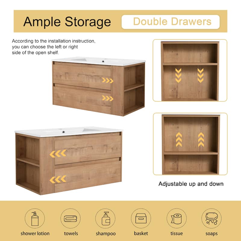 Malwee 30"/36" Floating Bathroom Vanity, Wall Mounted Bathroom Vanity with Sink,Soft Close Drawers and Side Adjustable Shelf
