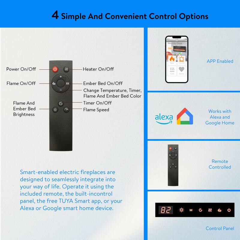 50" -60" WiFi-Enabled Electric Fireplace, Recessed in-Wall and Wall-Mounted Heater
