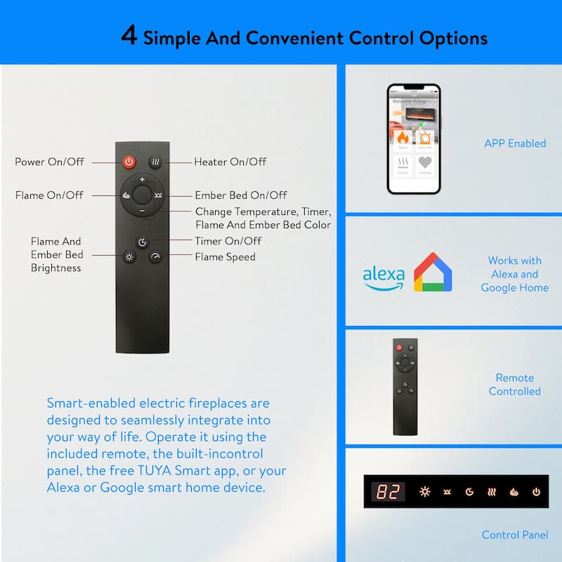 Smart 60" WiFi-Enabled Electric Fireplace Heater, Recessed in-Wall and Wall-Mounted