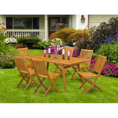 7-Piece Patio Furniture Set - Outdoor Table with 6 Folding Chairs - Natural Wood Finish - 72