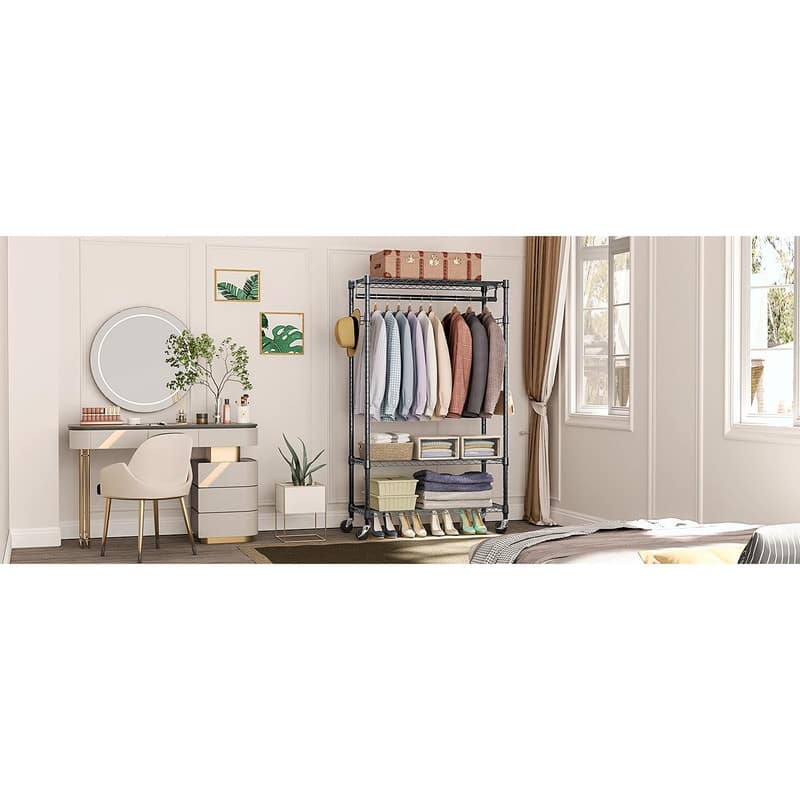 Heavy Duty Rolling Garment Rack with Wheels, 3-Tier Adjustable Wire Shelving, Clothes Rack with Rods & Side Hooks