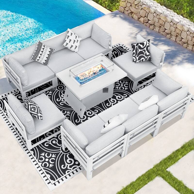 FINCATI 9-piece Extra-large Luxury Aluminum Patio Furniture Set with Deep Seating and Convertible 43'' Fire Pit Table