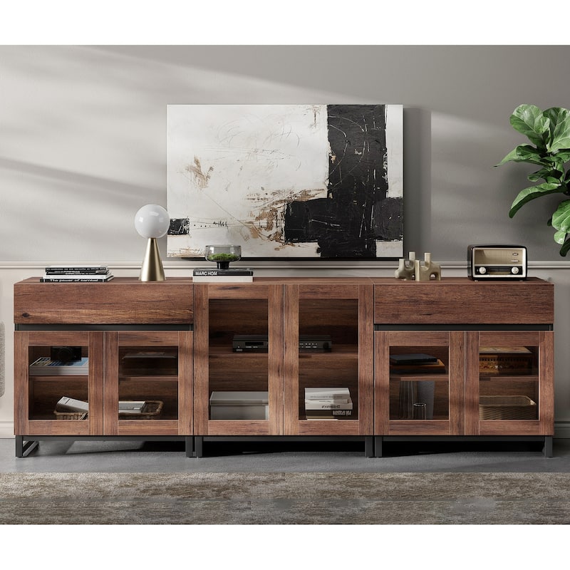 Modern TV Stand for Tvs Up to 100 Inch, 3 In 1 TV Console with Glass Doors and 2 Drawers, Entertainment Center for Living Room
