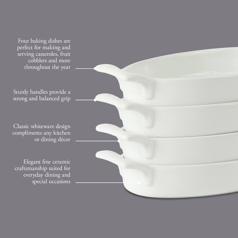 Gibson Home Gracious Dining Oval Au Gratin Baking Dishes, 4-Piece Set - 9oz or 15oz Oven Safe Ceramic with Handles - white