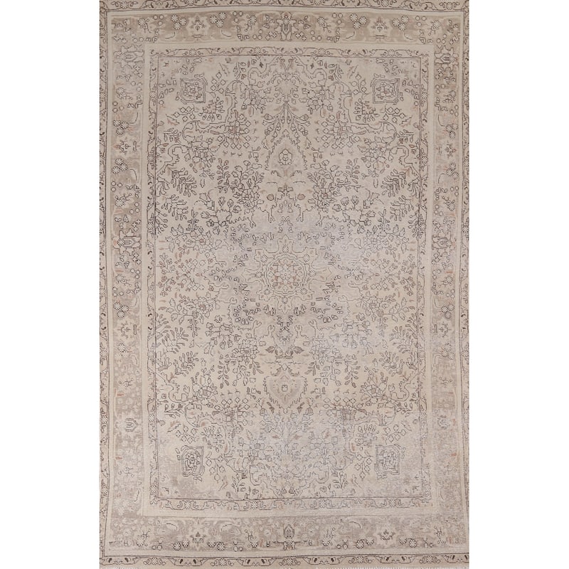 Distressed Muted Tabriz Vintage Persian Area Rug Handmade Wool Carpet - 6'6" x 9'11"