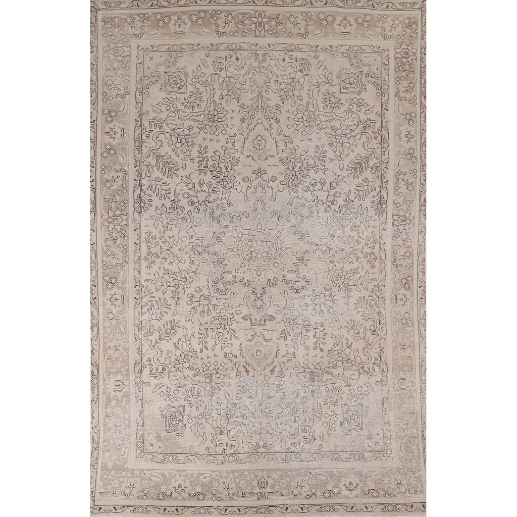 Distressed Muted Tabriz Vintage Persian Area Rug Handmade Wool Carpet - 6'6" x 9'11"