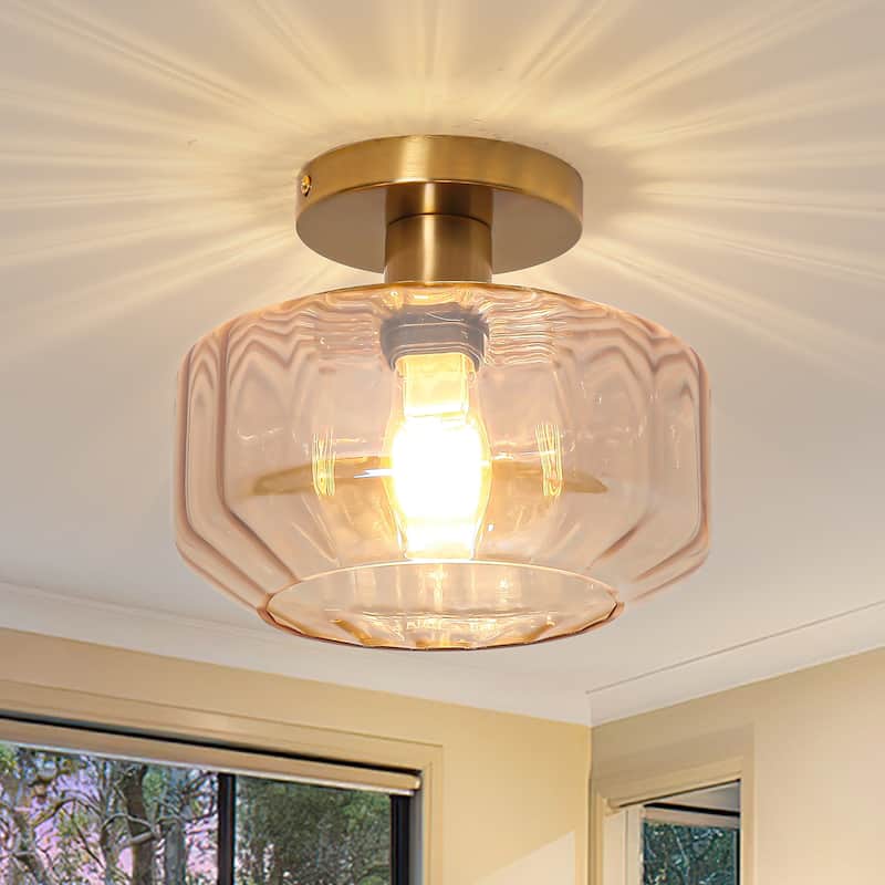 Vintage Amber Glass Semi Flush Mount Ceiling Light - D 8.7" x H 7"