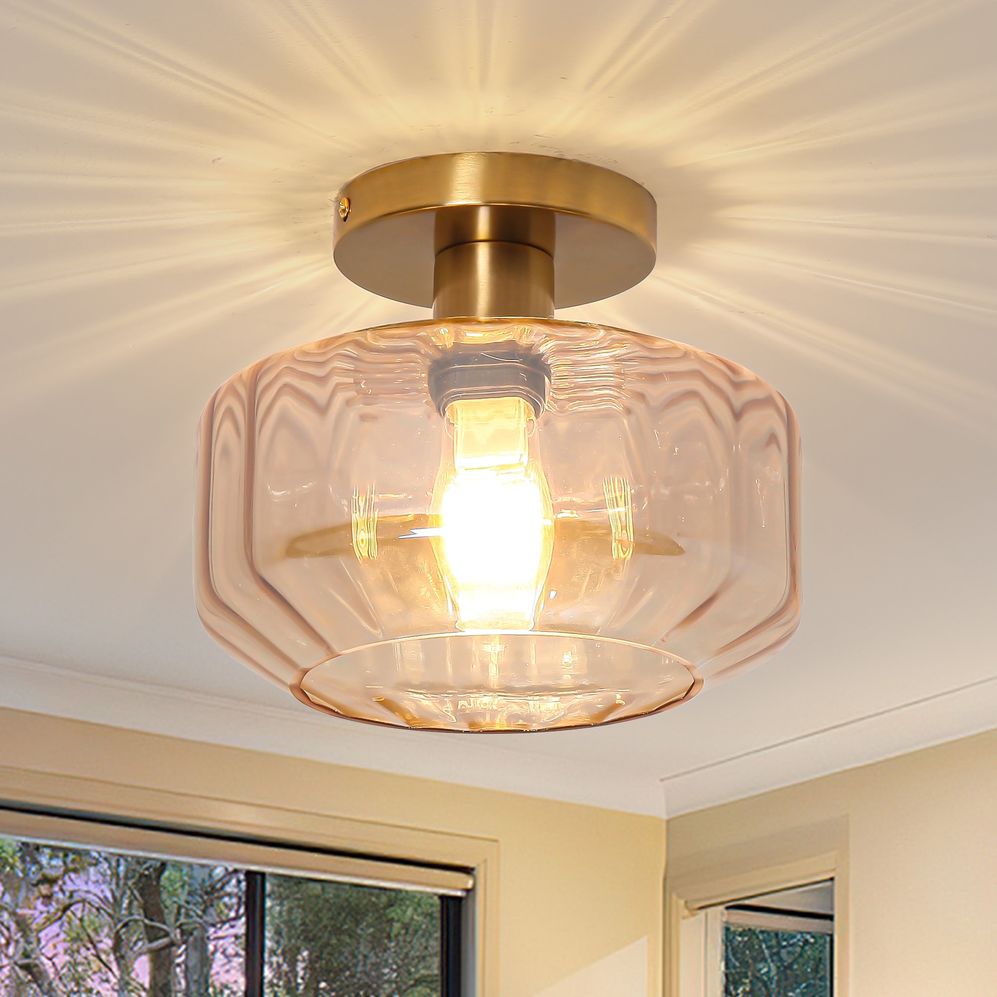 Parrot Uncle 8.7-inch Brass Amber Glass Vintage Semi Flush Mount Ceiling Light - D 8.7" x H 7"