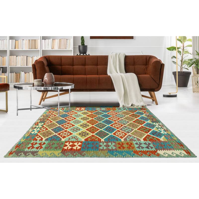 Flatweave Qadeer Red/Turquoise Rug - 5'7" x 7'10"