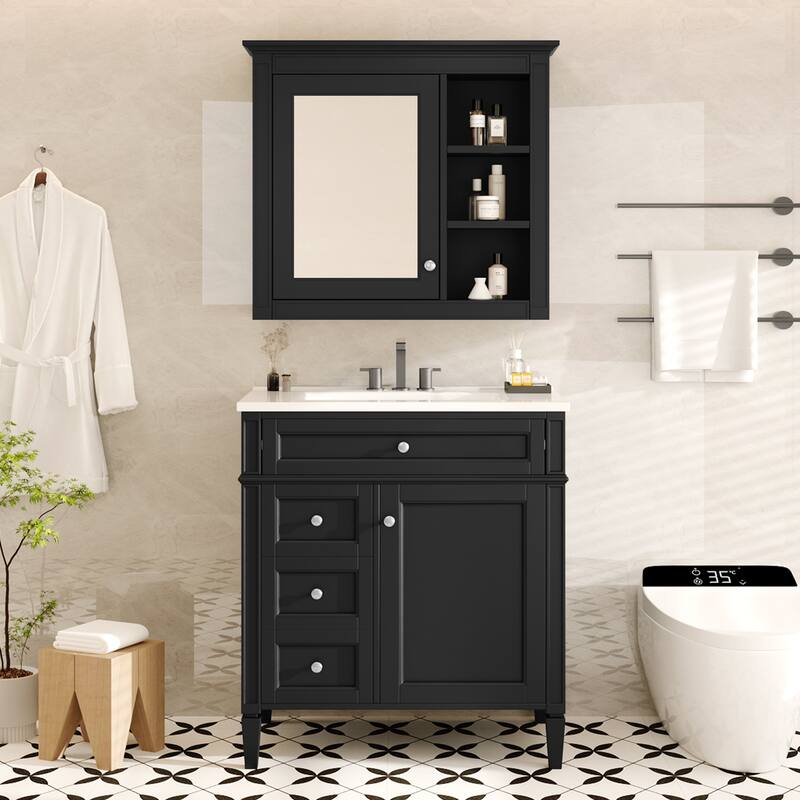 30" Bathroom Vanity Set with Ceramic Sink & Mirror Cabinet, 3 Drawers, Soft-Close Storage, Modern Freestanding Unit - Black
