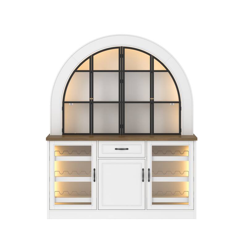 63" Arched Bar Cabinet with LED Lights Wine Bar Cabinet with Glass Doors, Liquor Storage Cabinet with Wine Rack