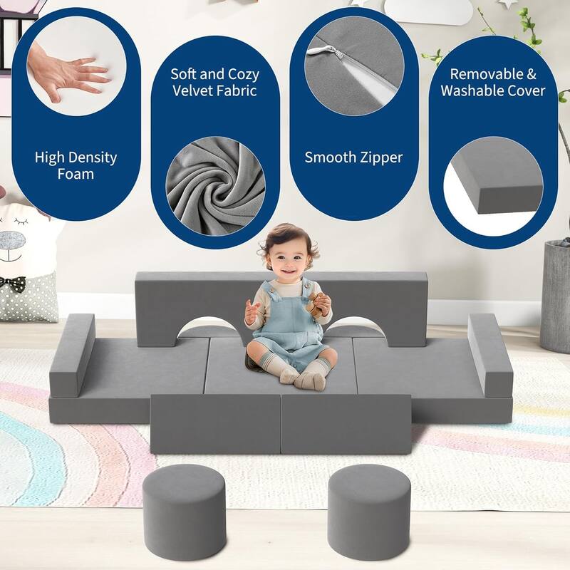 Kids Modular Play Couch, 13 Pcs Toddler Couch With Washable Velvet Covers