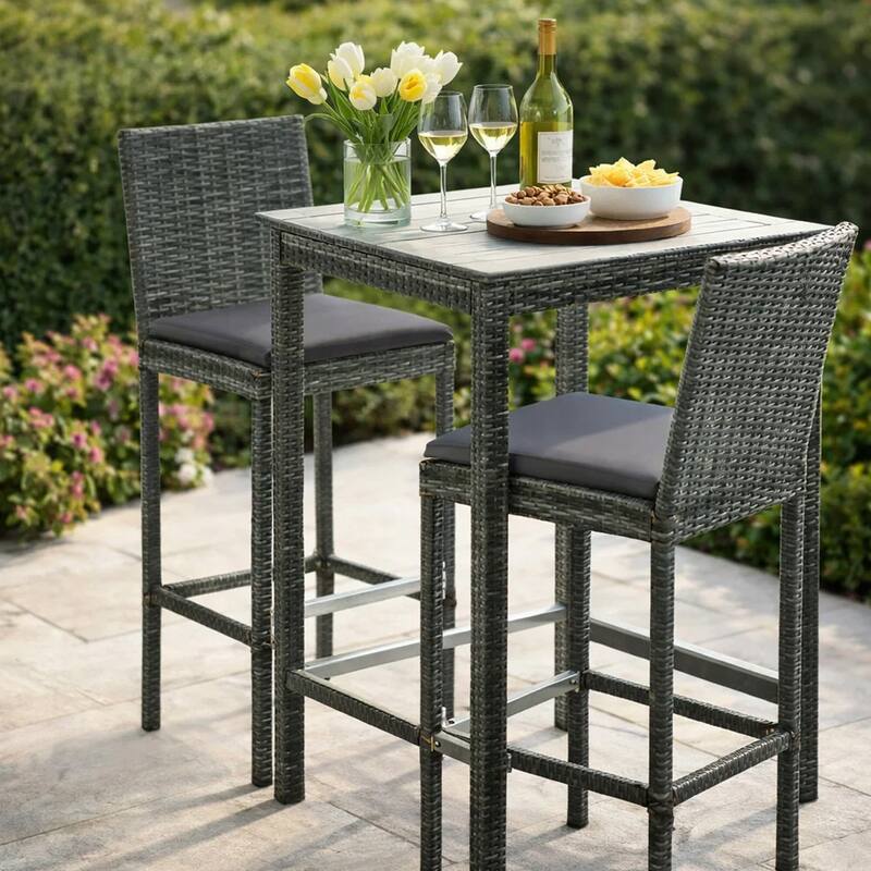 Outdoor Barstool Chair Set of 2, Gray Rattan, Black Fabric Cushions