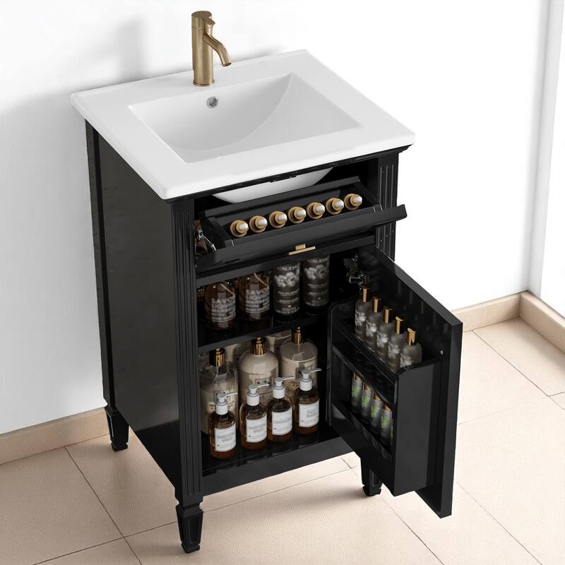 20" Bathroom Vanity with Sink, Freestanding White Cabinet with Ceramic Basin, Tilt-Out Drawer, Adjustable Shelf, Solid Wood Legs