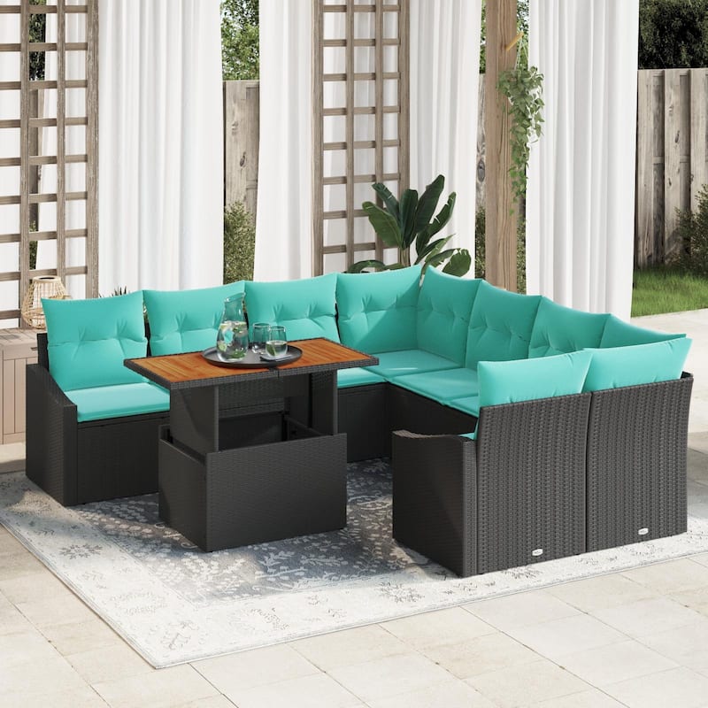vidaXL 9 Garden Sofa Set with Cushions Black/Grey Poly Rattan - 91.9 x 92.1 x 27.2 - Black