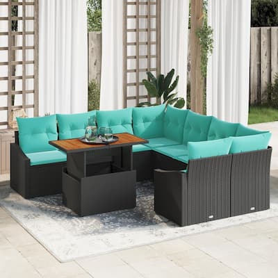 vidaXL 9 Piece Garden Sofa Set with Cushions Black Poly Rattan - 91.9×92.1×27.2